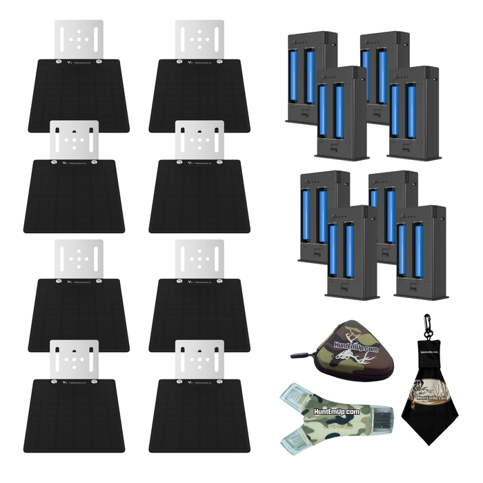 10-pack yellowstone a.i. solar power bundle with lithium rechargeable battery and huntemup high speed card reader, protective case, and microfiber lens cloth