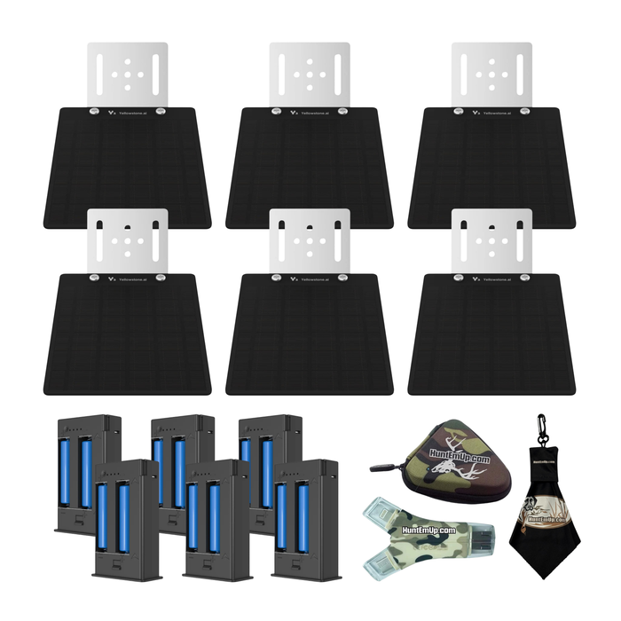 6-pack yellowstone a.i. solar power bundle with lithium rechargeable battery and huntemup high speed card reader, protective case, and microfiber lens cloth