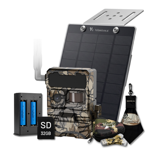 Y2 solar power bundle with lithium battery, solar panel, sd card, HuntEmUp high speed card reader, protective zipper case and microfiber cleaning cloth