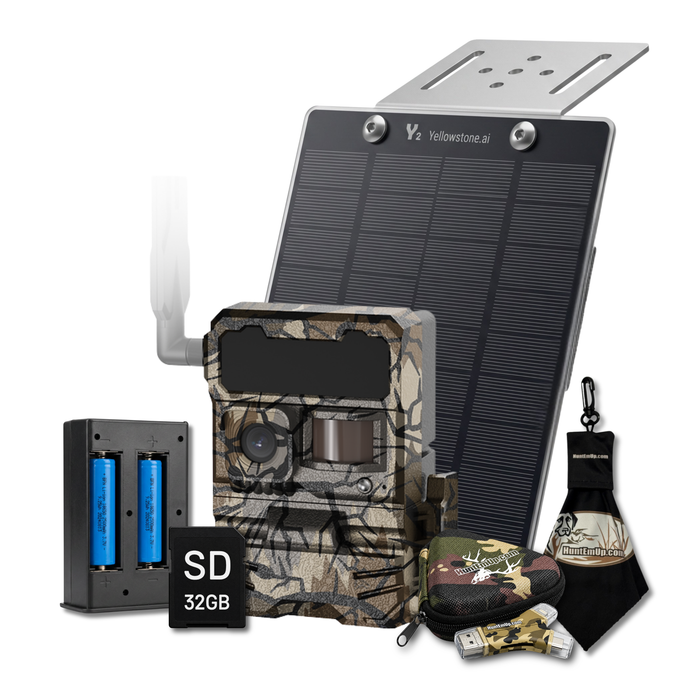 Y2 solar power bundle with lithium battery, solar panel, sd card, HuntEmUp high speed card reader, protective zipper case and microfiber cleaning cloth