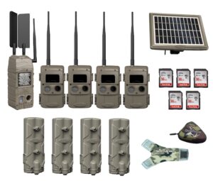 Cuddeback Bundle contents: one G-5147 AT&T trail camera, four IR LL-2A trail cameras, four PW-001 power banks, one PW-3600 solar panel, five 16 GB SD cards, and one card reader plus case.